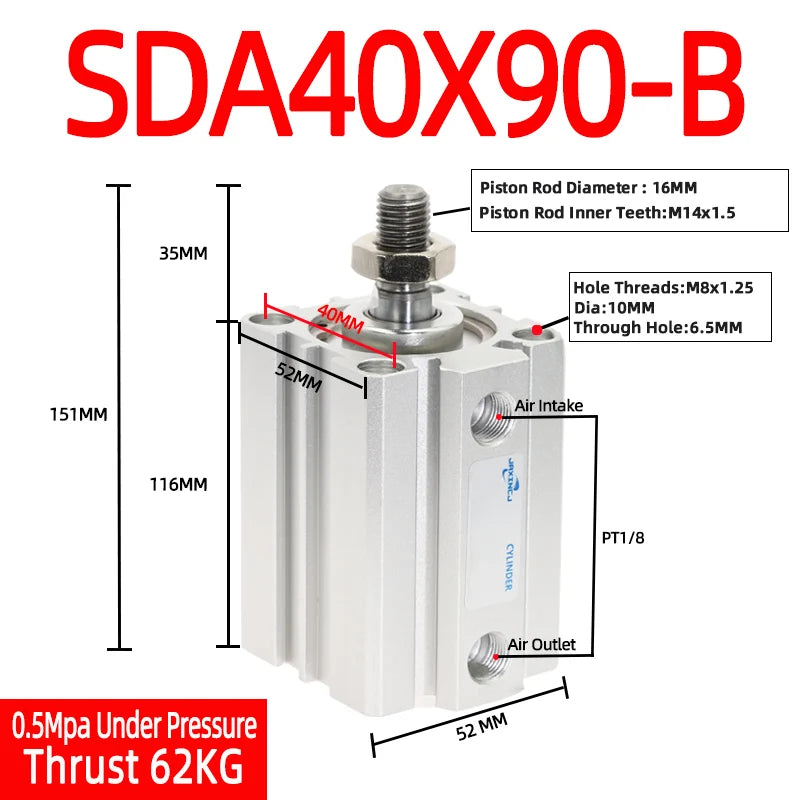 SDA40-B Compact Pneumatic Air Cylinder 40mm Bore 5–50mm Stroke Pneumatic Air Cylinder Richie's Stroke 90mm Bore 40mm