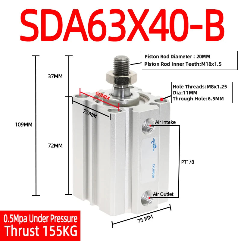 SDA63 Compact Pneumatic Air Cylinder 63mm Bore – SDA-B Series Pneumatic Air Cylinder Richie's Stroke 40mm Bore 63mm