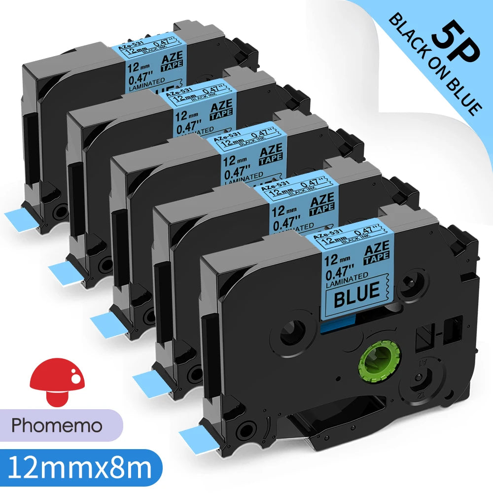 TZe-231 Compatible Brother Label Tape 12mm Black on White – Multi-Pack Label Printer Tape Richie's 5PK Black on Blue 12mm