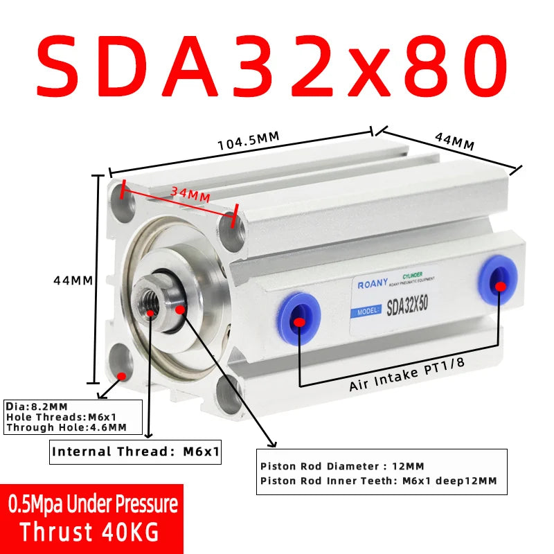 SDA32 Double Acting Compact Air Cylinder 32mm Bore | Multi-Stroke Pneumatic Air Cylinder Richie's Stroke 80mm Bore 32mm