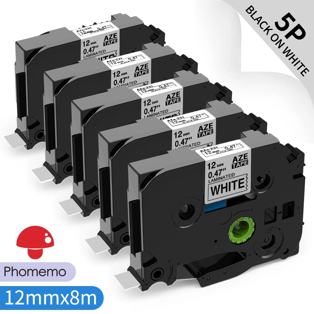 TZe-231 Compatible Brother Label Tape 12mm Black on White – Multi-Pack Label Printer Tape Richie's 5PK Black on White 12mm