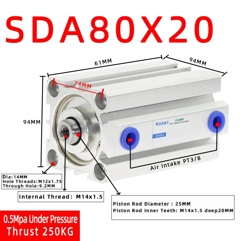 SDA80 Compact Double Acting Pneumatic Air Cylinder 80mm Bore Pneumatic Air Cylinder Richie's Stroke 20mm Bore 80mm
