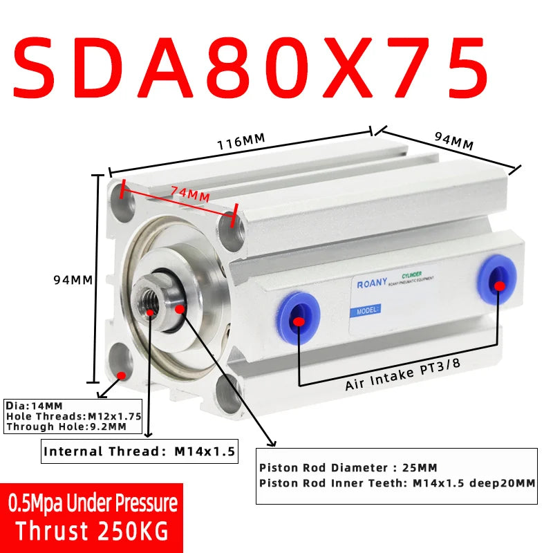 SDA80 Compact Double Acting Pneumatic Air Cylinder 80mm Bore Pneumatic Air Cylinder Richie's Stroke 75mm Bore 80mm