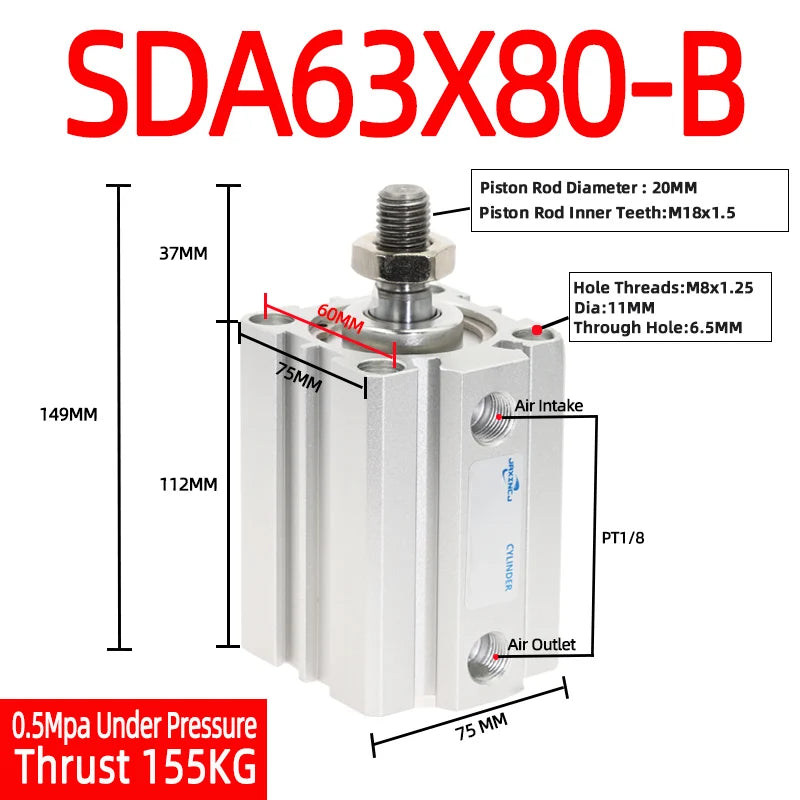 SDA63 Compact Pneumatic Air Cylinder 63mm Bore – SDA-B Series Pneumatic Air Cylinder Richie's Stroke 80mm Bore 63mm