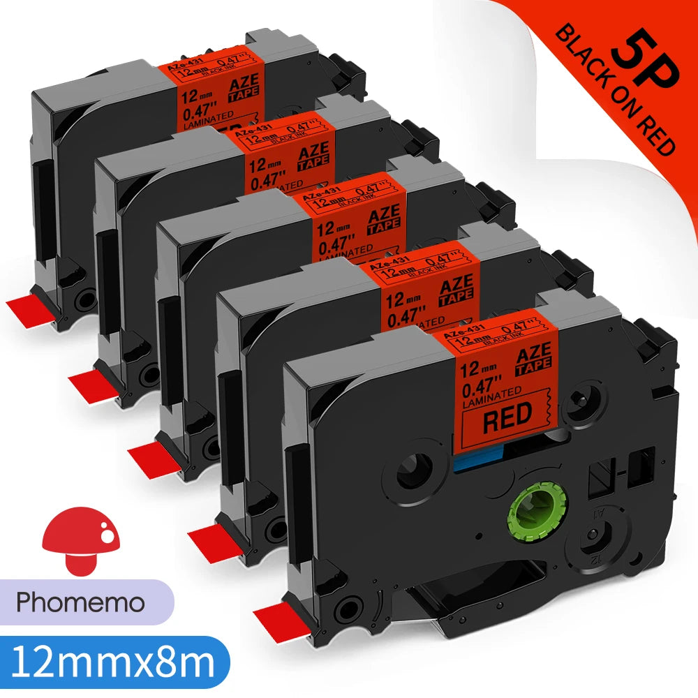 TZe-231 Compatible Brother Label Tape 12mm Black on White – Multi-Pack Label Printer Tape Richie's 5PK Black on Red 12mm