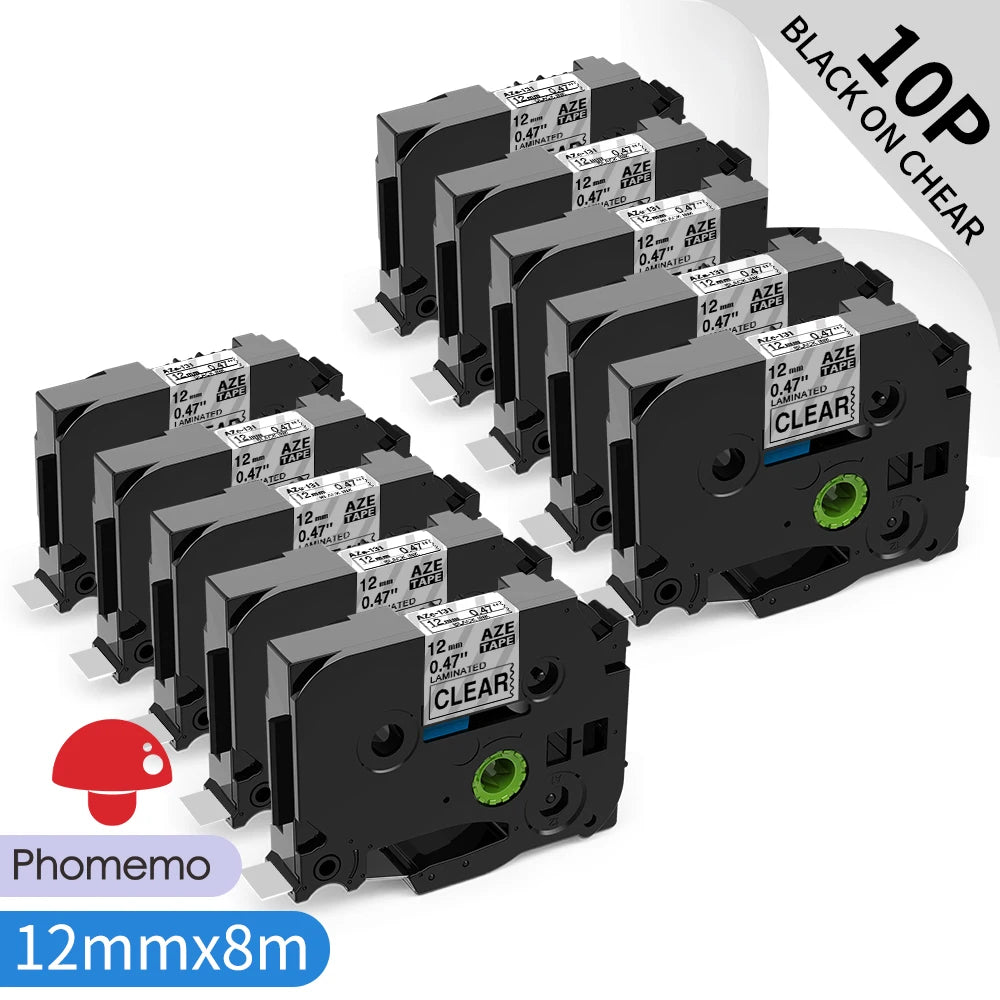 TZe-231 Compatible Brother Label Tape 12mm Black on White – Multi-Pack Label Printer Tape Richie's 10PK Black on Clear 12mm