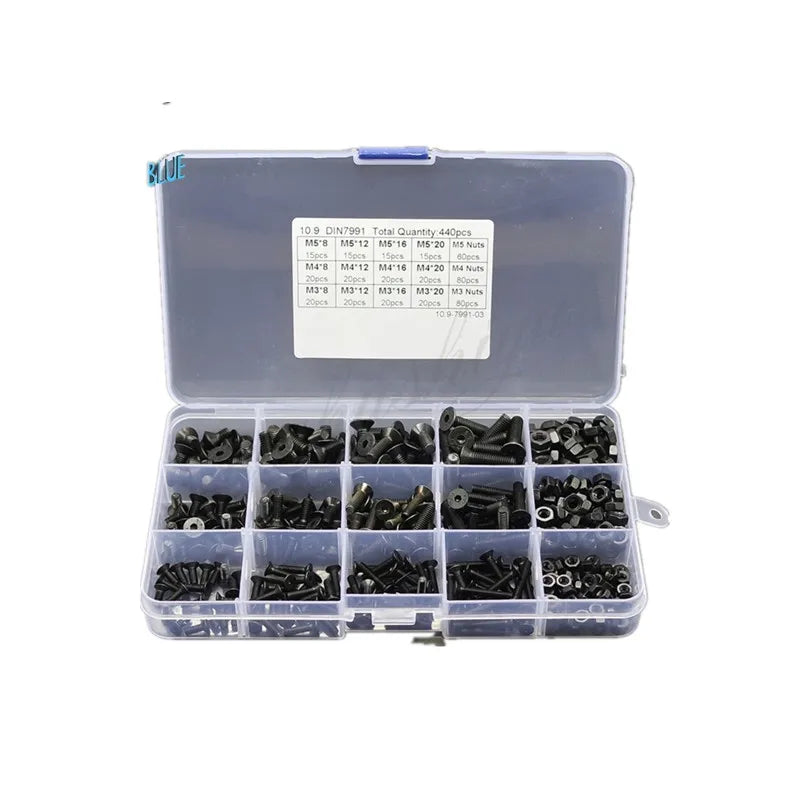 440pcs M3 M4 M5 Hex Socket Flat Head Screws & Nuts Kit Screw & Nut Kit Richie's