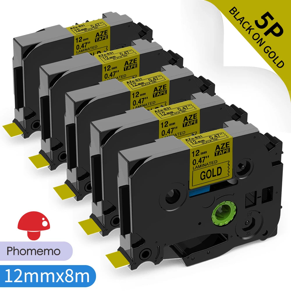 TZe-231 Compatible Brother Label Tape 12mm Black on White – Multi-Pack Label Printer Tape Richie's 5PK Black on Gold 12mm