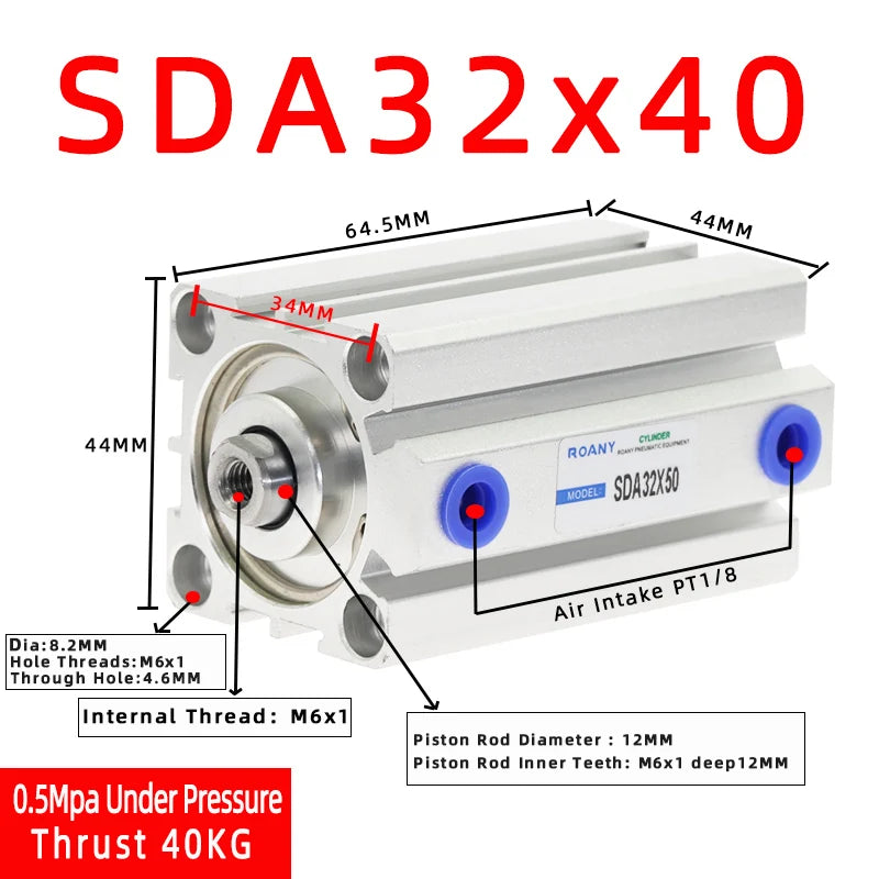 SDA32 Double Acting Compact Air Cylinder 32mm Bore | Multi-Stroke Pneumatic Air Cylinder Richie's Stroke 40mm Bore 32mm