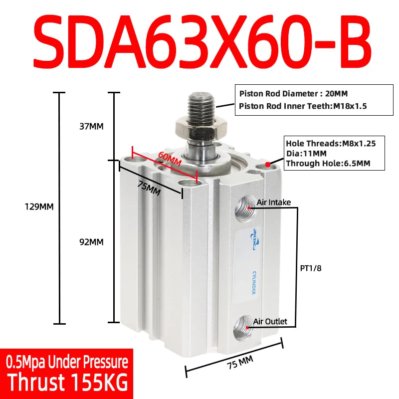SDA63 Compact Pneumatic Air Cylinder 63mm Bore – SDA-B Series Pneumatic Air Cylinder Richie's Stroke 60mm Bore 63mm