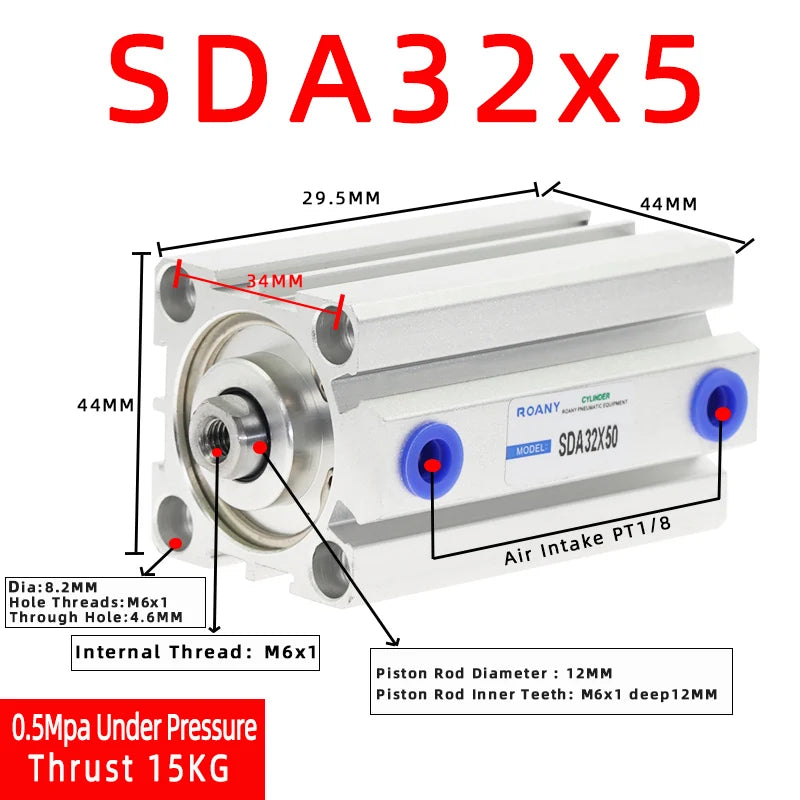 SDA32 Double Acting Compact Air Cylinder 32mm Bore | Multi-Stroke Pneumatic Air Cylinder Richie's Stroke 5mm Bore 32mm