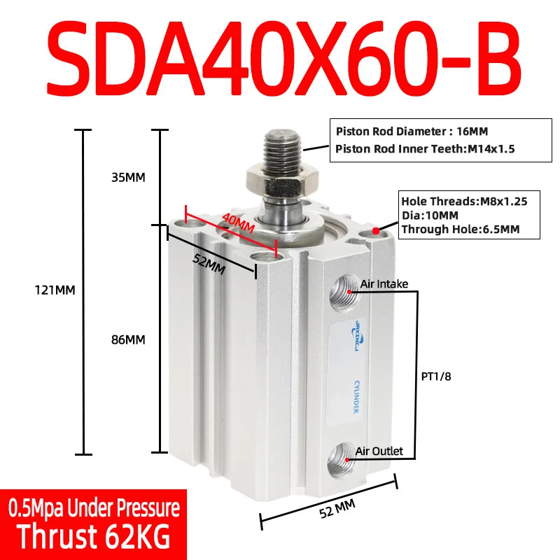 SDA40-B Compact Pneumatic Air Cylinder 40mm Bore 5–50mm Stroke Pneumatic Air Cylinder Richie's Stroke 60mm Bore 40mm