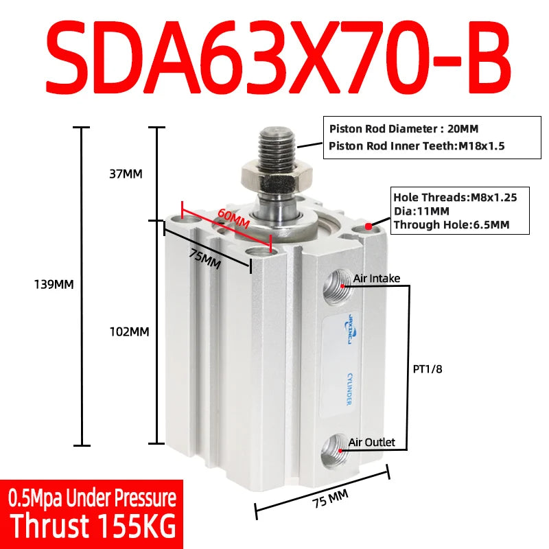 SDA63 Compact Pneumatic Air Cylinder 63mm Bore – SDA-B Series Pneumatic Air Cylinder Richie's Stroke 70mm Bore 63mm
