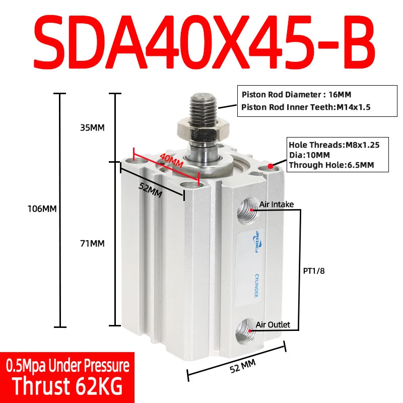 SDA40-B Compact Pneumatic Air Cylinder 40mm Bore 5–50mm Stroke Pneumatic Air Cylinder Richie's Stroke 45mm Bore 40mm