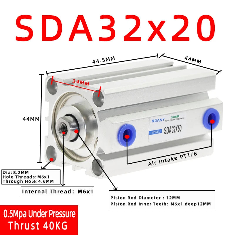 SDA32 Double Acting Compact Air Cylinder 32mm Bore | Multi-Stroke Pneumatic Air Cylinder Richie's Stroke 20mm Bore 32mm