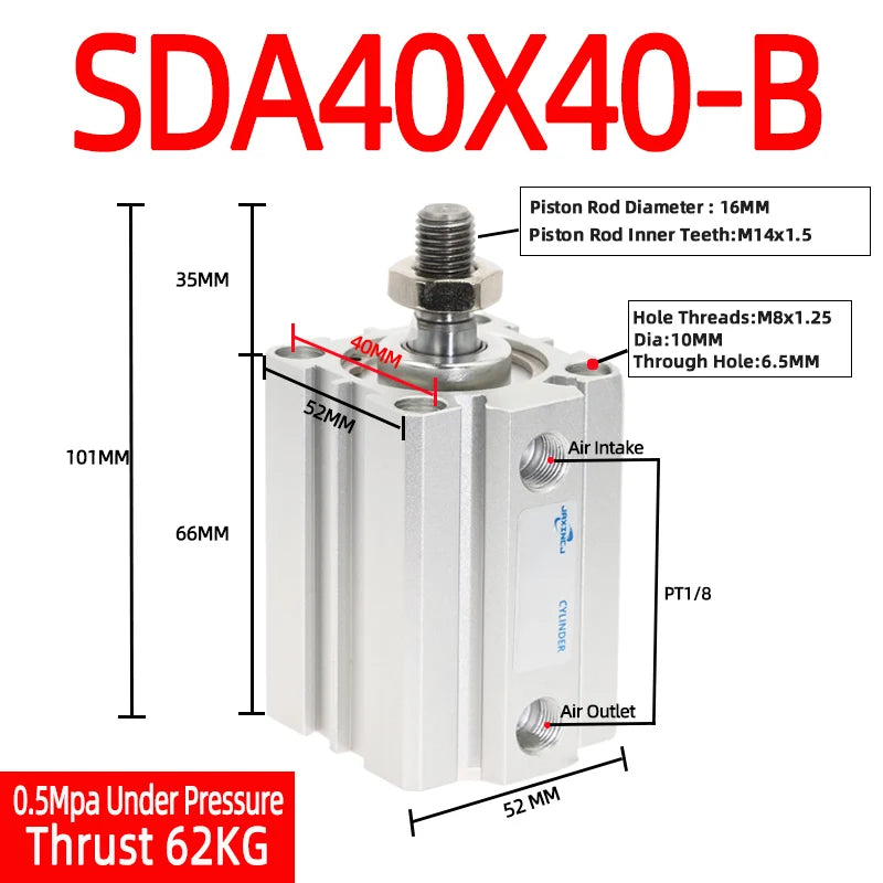 SDA40-B Compact Pneumatic Air Cylinder 40mm Bore 5–50mm Stroke Pneumatic Air Cylinder Richie's Stroke 40mm Bore 40mm