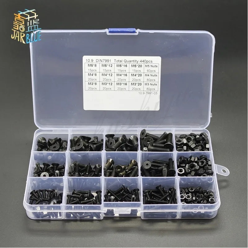 440pcs M3 M4 M5 Hex Socket Flat Head Screws & Nuts Kit Screw & Nut Kit Richie's 440pcs Mix