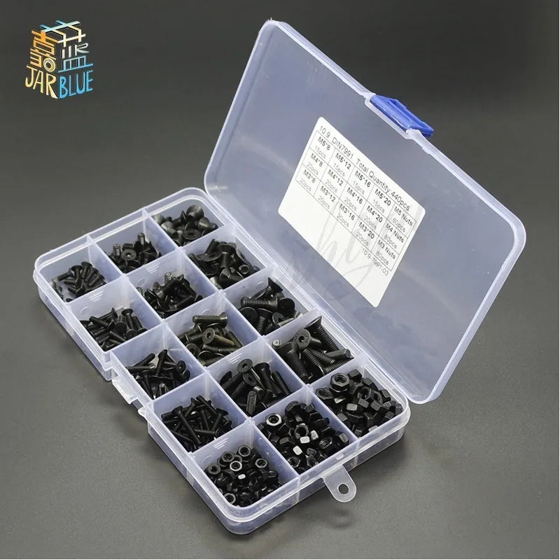440pcs M3 M4 M5 Hex Socket Flat Head Screws & Nuts Kit Screw & Nut Kit Richie's