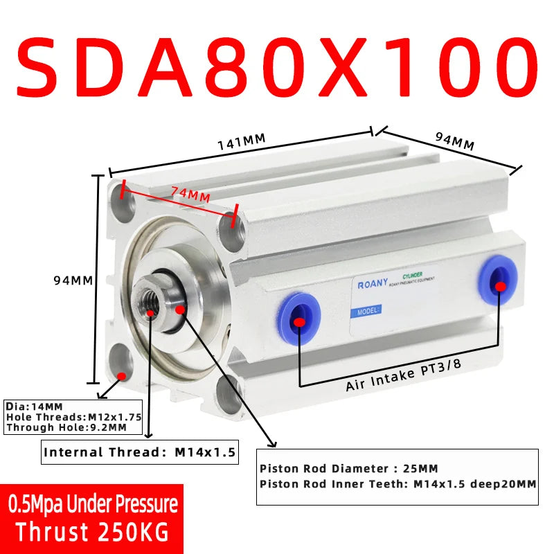 SDA80 Compact Double Acting Pneumatic Air Cylinder 80mm Bore Pneumatic Air Cylinder Richie's Stroke 100mm Bore 80mm