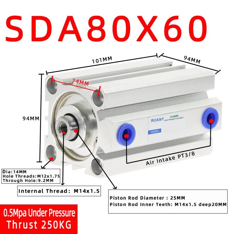 SDA80 Compact Double Acting Pneumatic Air Cylinder 80mm Bore Pneumatic Air Cylinder Richie's Stroke 60mm Bore 80mm