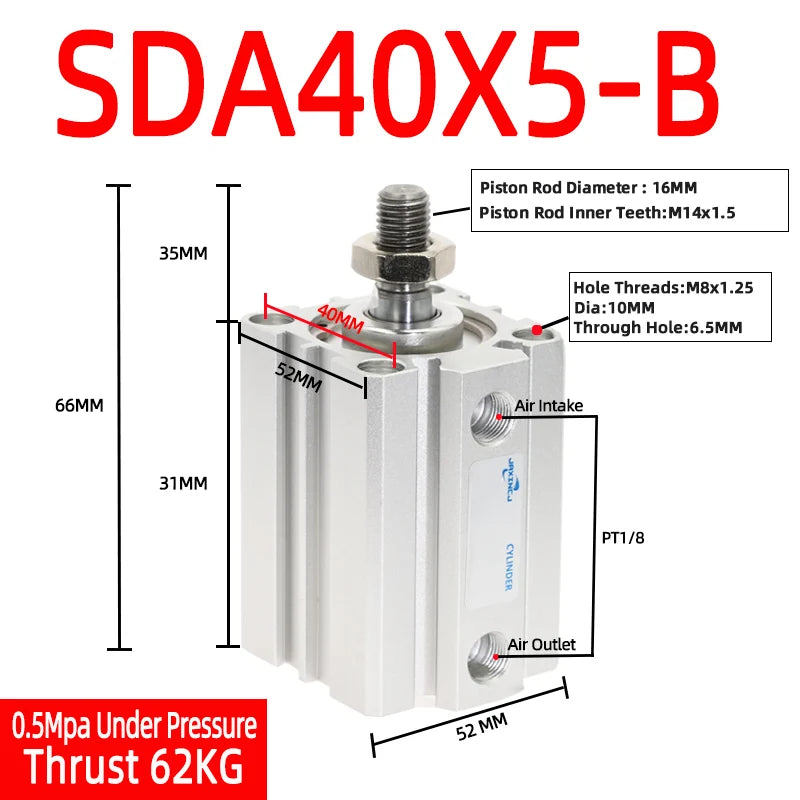 SDA40-B Compact Pneumatic Air Cylinder 40mm Bore 5–50mm Stroke Pneumatic Air Cylinder Richie's Stroke 5mm Bore 40mm
