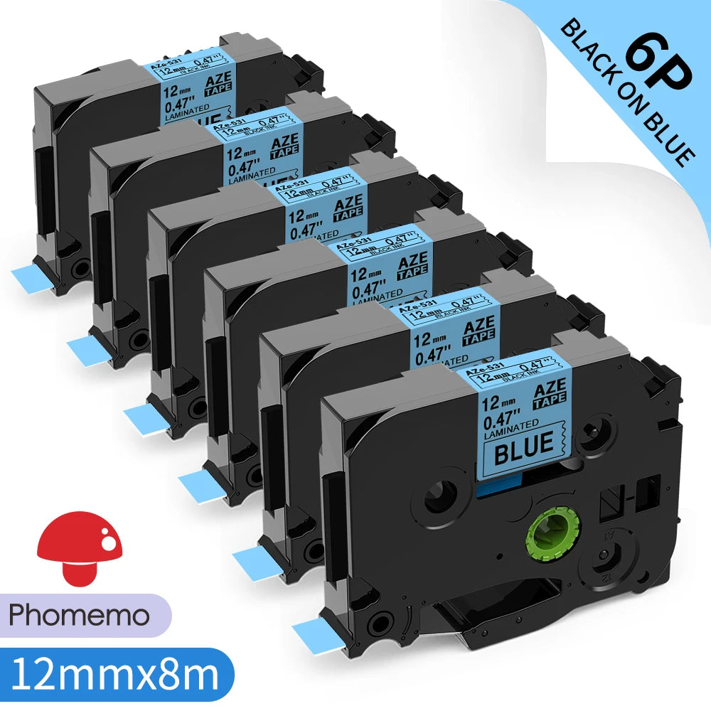 TZe-231 Compatible Brother Label Tape 12mm Black on White – Multi-Pack Label Printer Tape Richie's 6PK Black on Blue 6mm