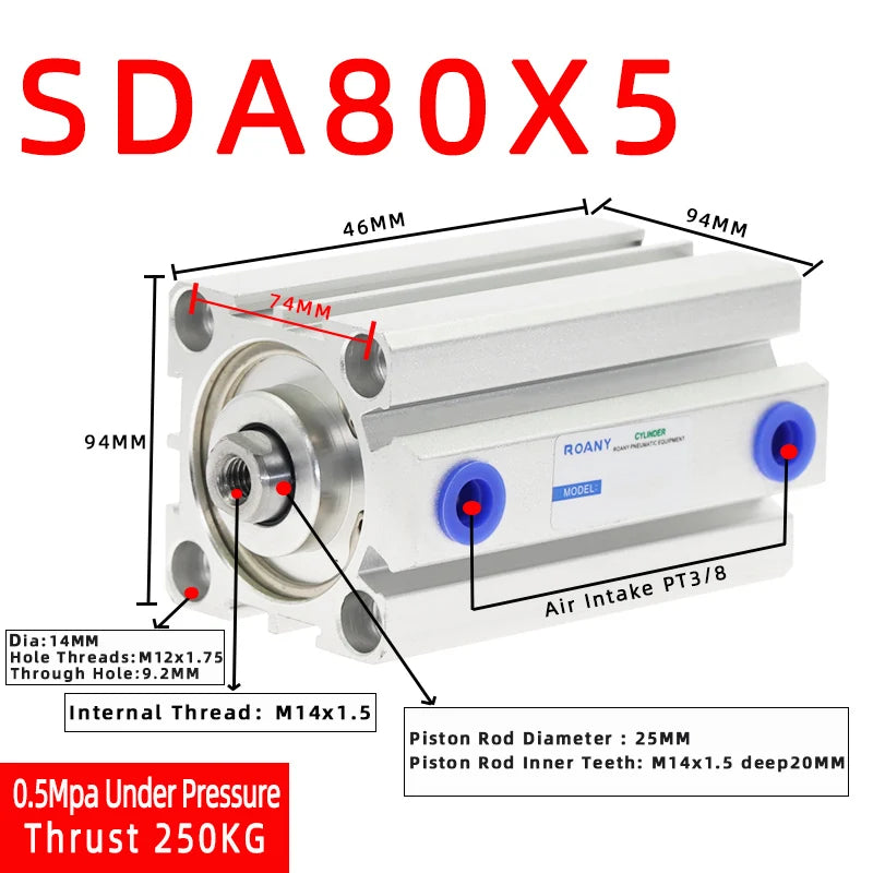 SDA80 Compact Double Acting Pneumatic Air Cylinder 80mm Bore Pneumatic Air Cylinder Richie's Stroke 5mm Bore 80mm