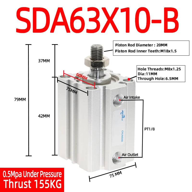 SDA63 Compact Pneumatic Air Cylinder 63mm Bore – SDA-B Series Pneumatic Air Cylinder Richie's Stroke 10mm Bore 63mm