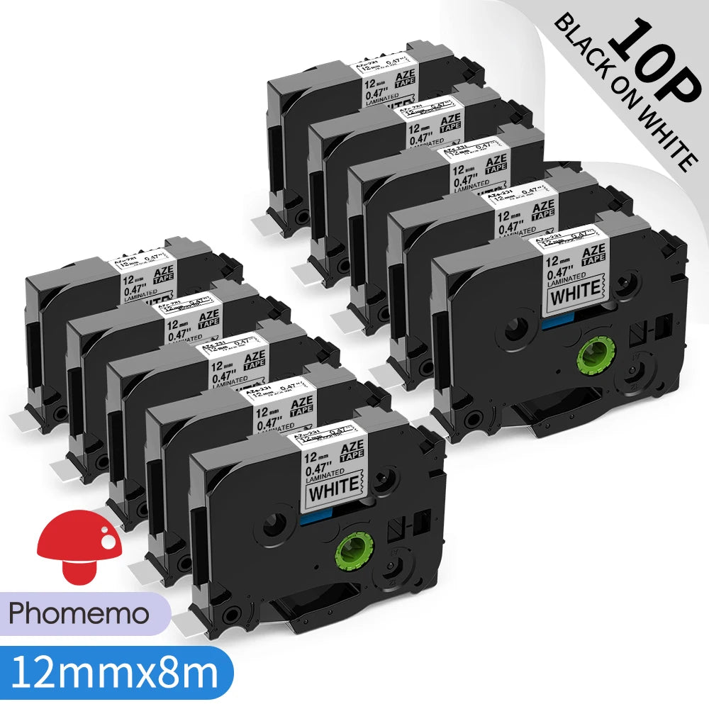 TZe-231 Compatible Brother Label Tape 12mm Black on White – Multi-Pack Label Printer Tape Richie's 10PK Black on White 12mm
