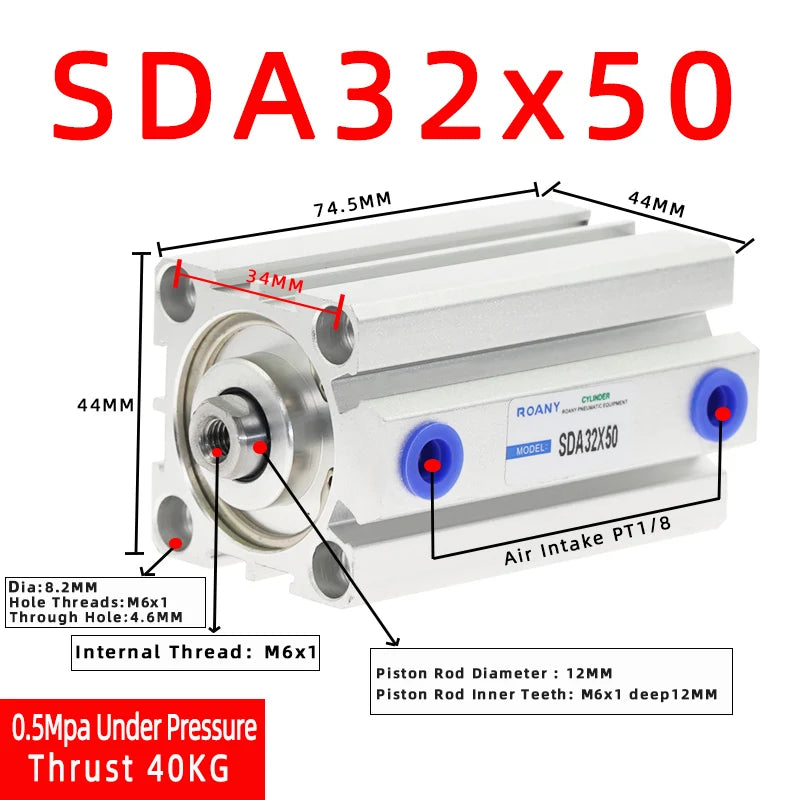 SDA32 Double Acting Compact Air Cylinder 32mm Bore | Multi-Stroke Pneumatic Air Cylinder Richie's Stroke 50mm Bore 32mm