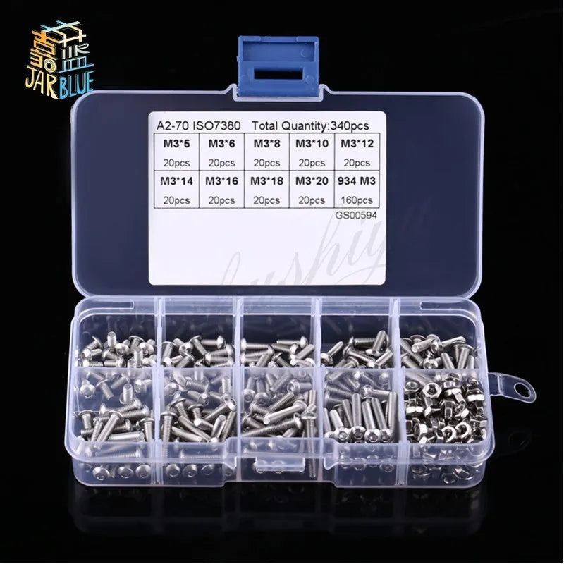340PCS M3 ISO7380 Button Head Hex Socket Screws Nuts Kit SS304 Screw & Nut Kit Richie's 340pcsMix