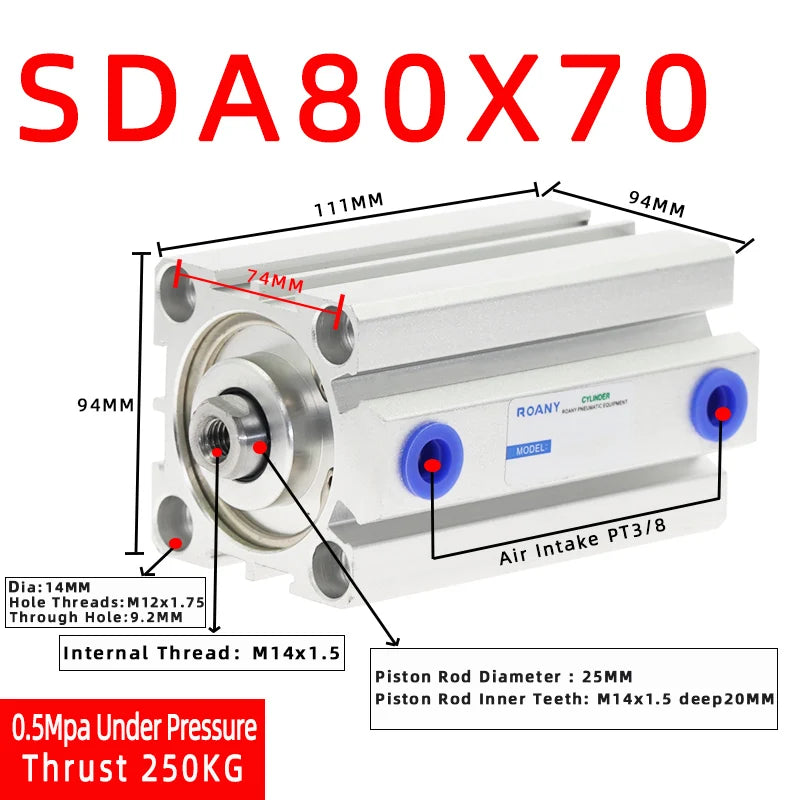SDA80 Compact Double Acting Pneumatic Air Cylinder 80mm Bore Pneumatic Air Cylinder Richie's Stroke 70mm Bore 80mm
