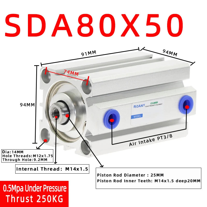 SDA80 Compact Double Acting Pneumatic Air Cylinder 80mm Bore Pneumatic Air Cylinder Richie's Stroke 50mm Bore 80mm