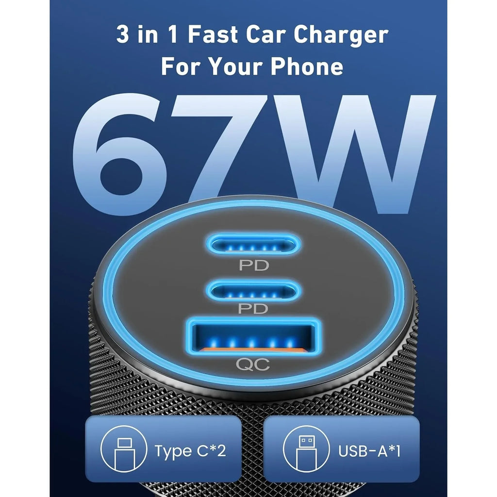 67W 3-Port Car Charger Dual USB-C PD & USB-A Fast Charging Car Charger Adapter Richie's
