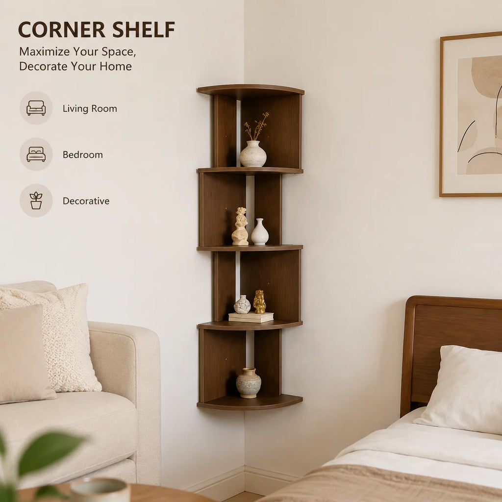 Walnut 5-Tier Floating Corner Shelf – Wall Mount Storage Floating Corner Shelf Richie's