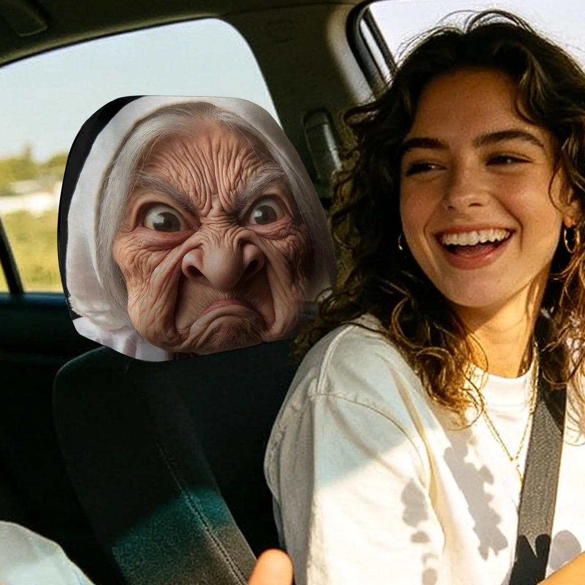 Funny Granny Face Car Headrest Covers – 2Pcs Elastic Washable Car Headrest Cover Richie's