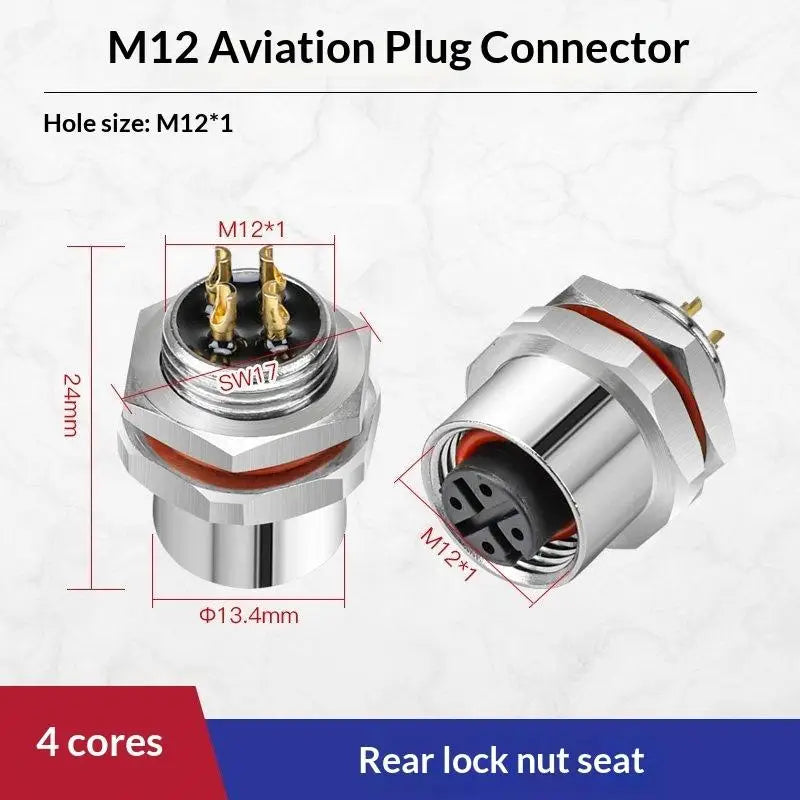 M12 IP67 Waterproof Connector 4/5/8 Pin Panel Socket 22AWG Wire Industrial Connector Richie's Back 4P F
