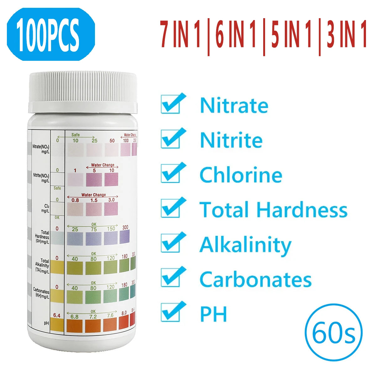 100pcs Aquarium Test Strips 7-in-1 Fish Tank Water Quality Kit Aquarium Test Strips Richie's