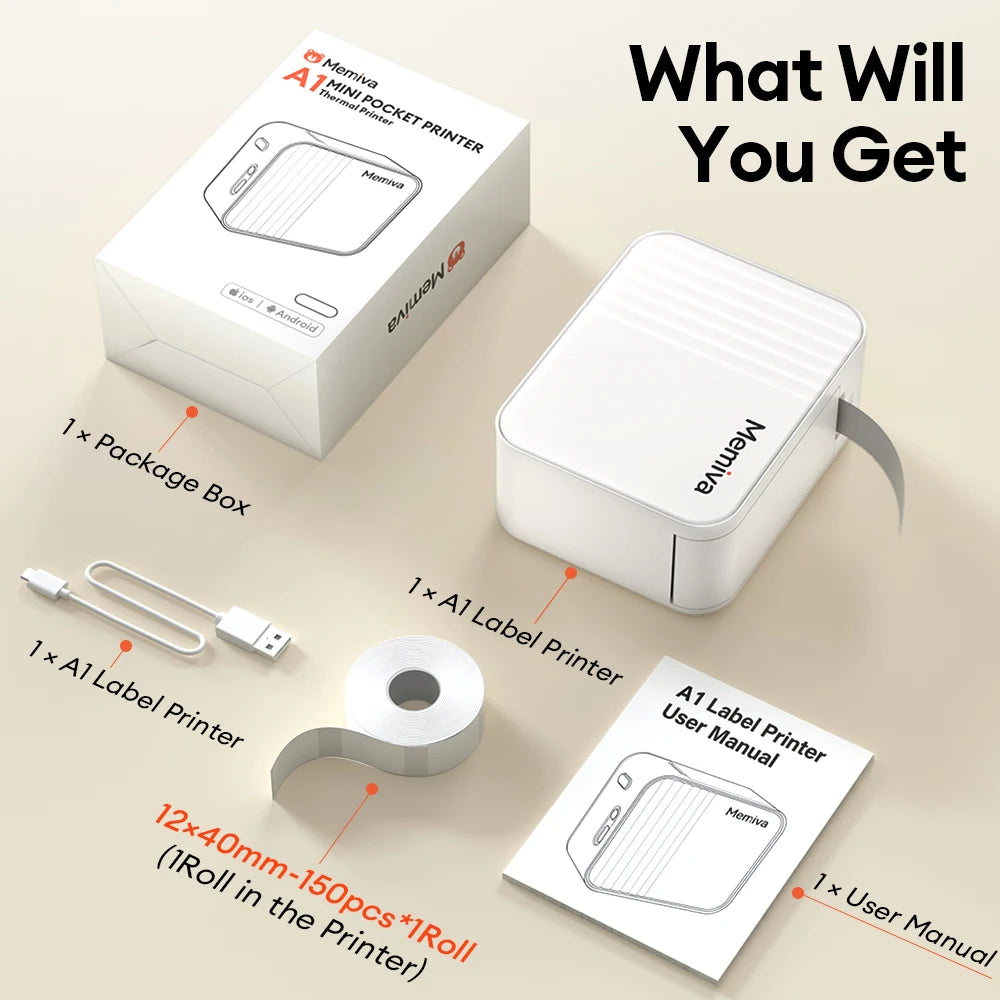 Memiva A1 Mini Bluetooth Thermal Label Printer – Inkless Thermal Label Printer Richie's White Standard Set