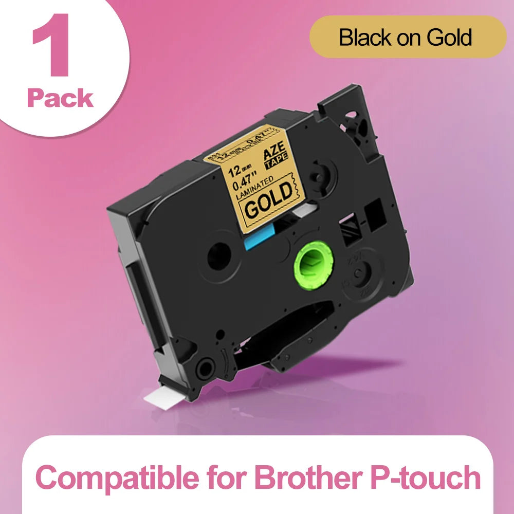 Markdomain TZe Compatible Laminated Label Tape for Brother PT Label Printer Tape Richie's Black on Gold 9mm