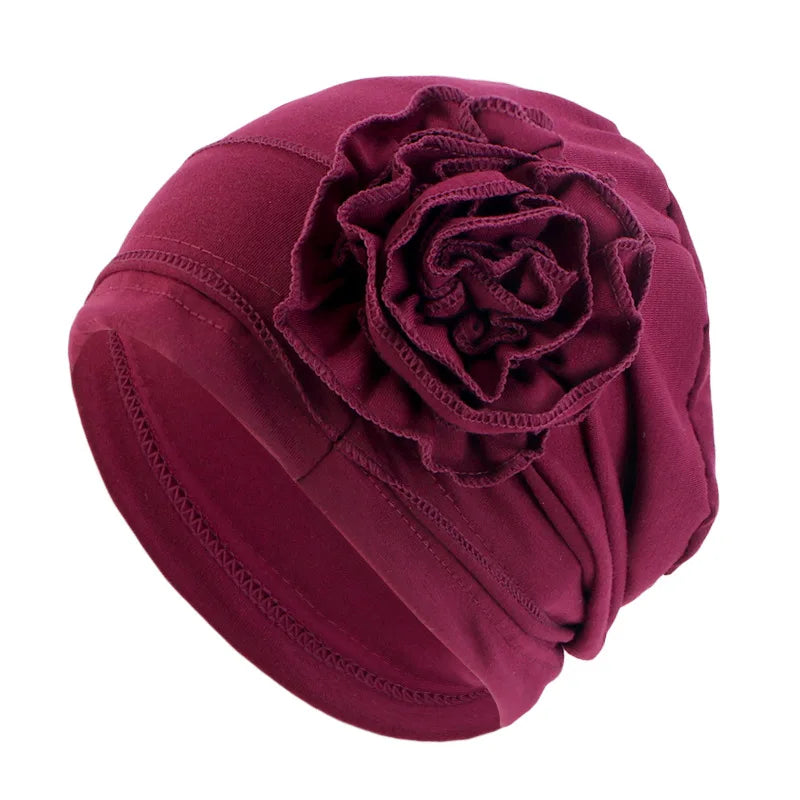Women Flower Turban Hat Hijab Cap Elastic Head Wrap Bonnet Turban Hat Richie's wine red