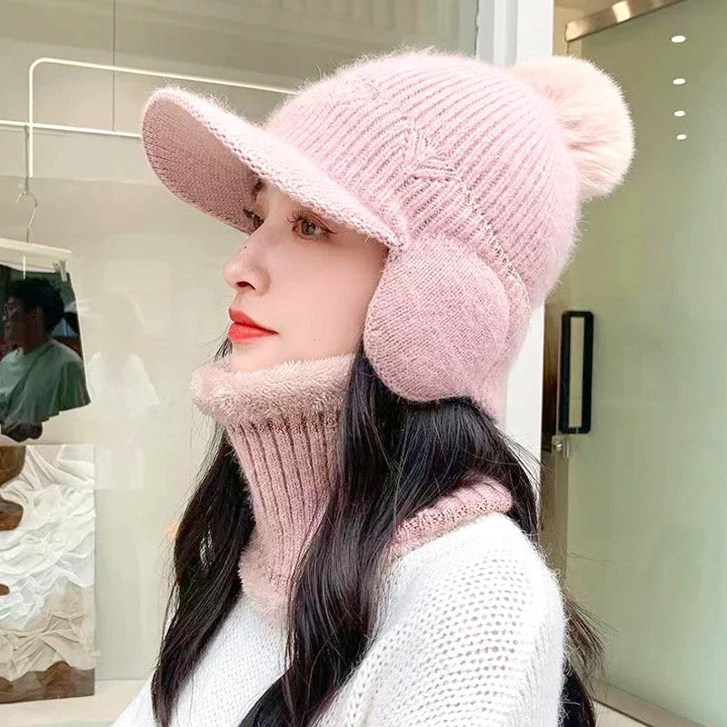 Women's Knitted Earflap Hat with Pompom – Winter Earmuff Cap Winter Knit Hat Richie's