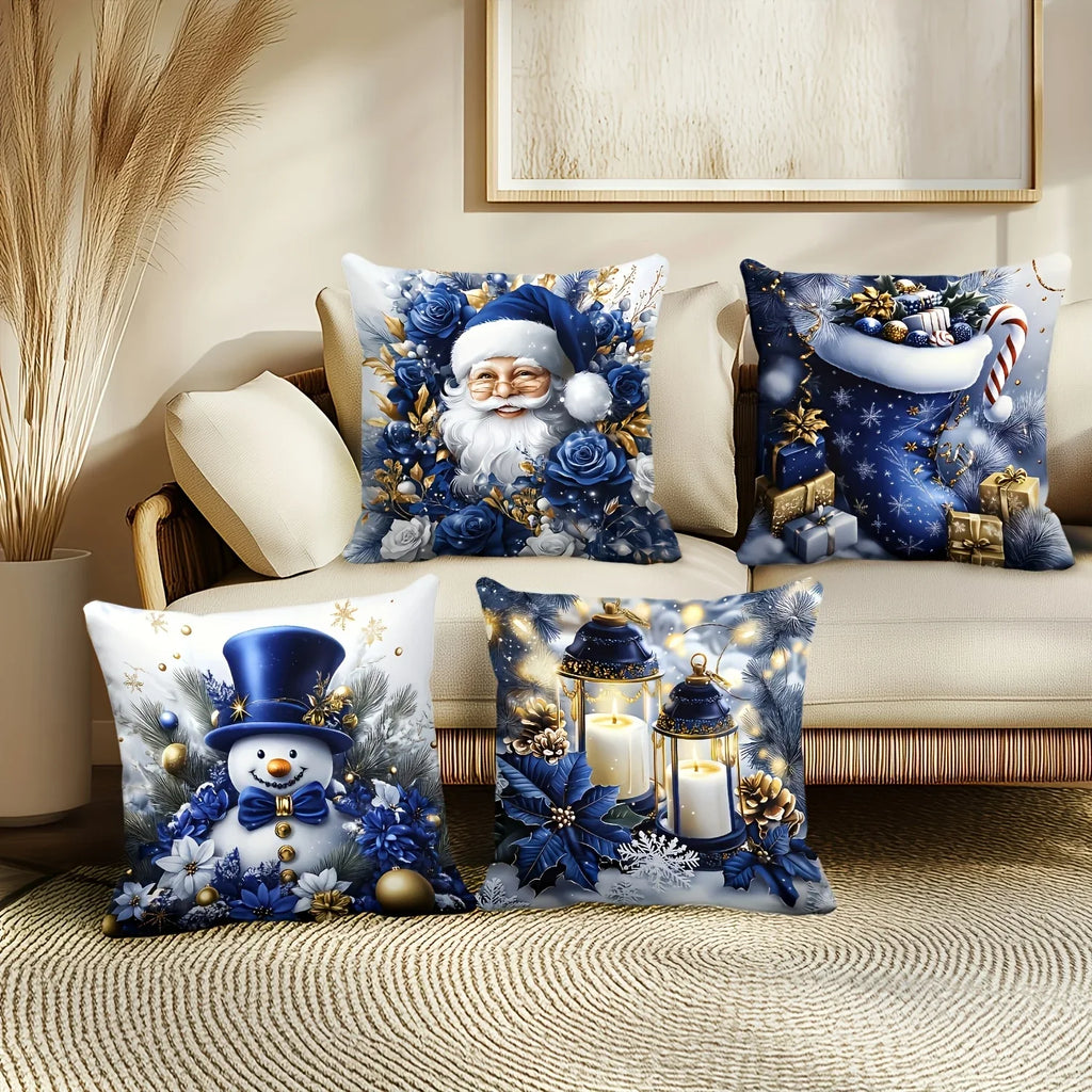 4 Christmas Throw Pillow Covers Dark Blue Santa Snowman Print Throw Pillow Covers Richie's