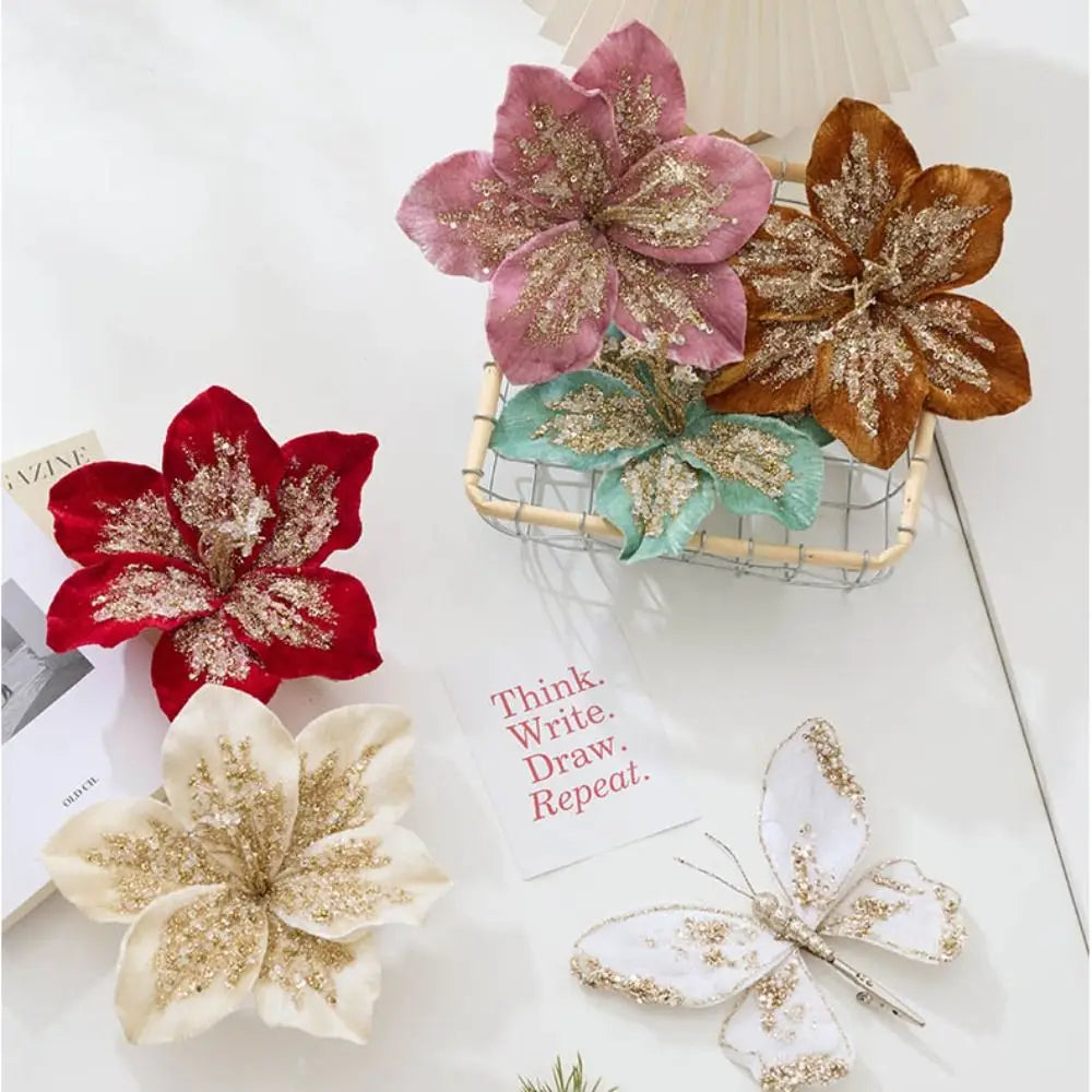 19cm Artificial Poinsettia Glitter Flower – Fake Christmas Decor Artificial Christmas Flower Richie's