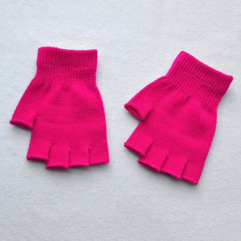 Kids Fingerless Knit Gloves – Stretchy Half-Finger Winter Mittens Kids Winter Gloves Richie's Rose red One Size
