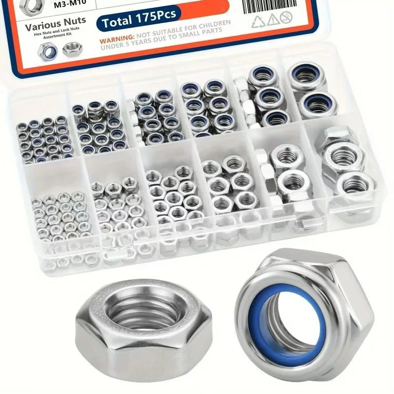 175Pcs Stainless Steel Lock & Hex Nut Kit M3 M4 M5 M6 M8 M10 Nut Fastener Kit Richie's