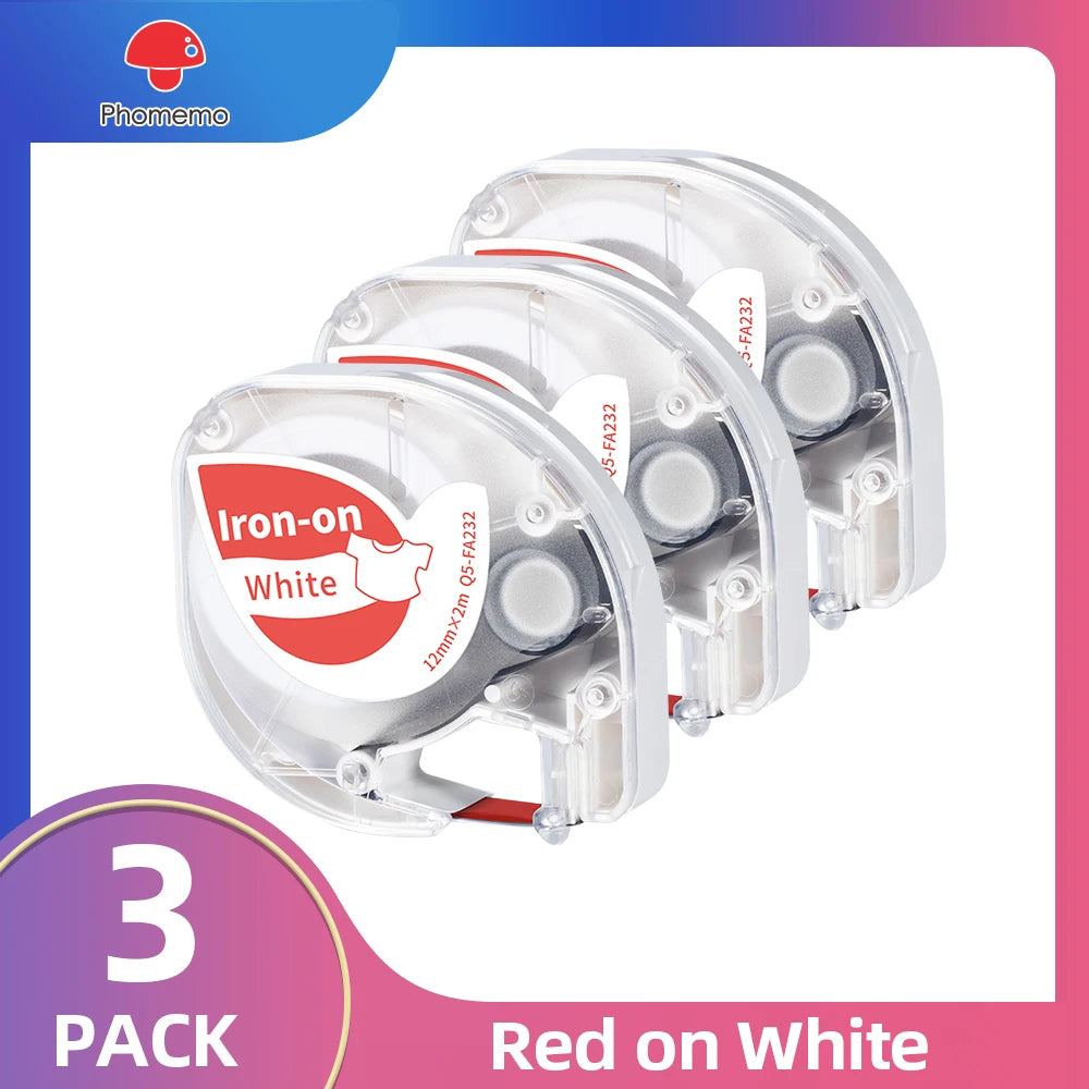 Iron-On Fabric Label Tape 3/5 Pack – Dymo LetraTag & Phomemo P12 Label Maker Tape Richie's 3-Red on White