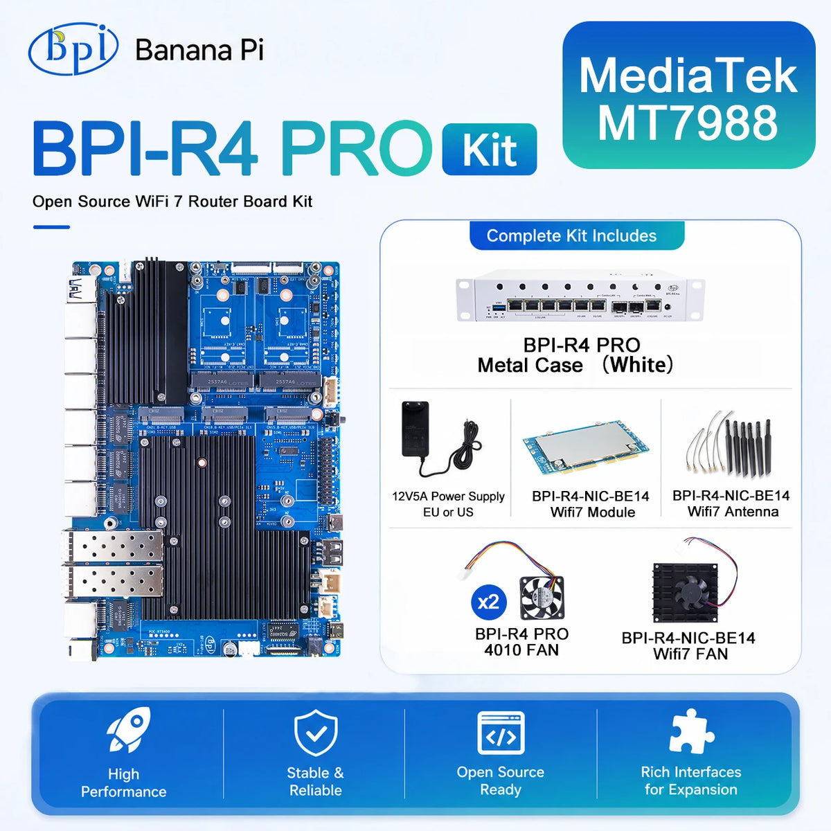 Banana Pi BPI-R4 PRO Router Board Set MT7988A Wi-Fi 7 8GB Router Board Kit Richie's EU Power 4GB RAM SET 7