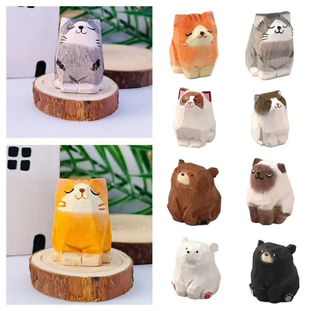 Carved Wooden Animal Figurine – Bear, Cat & Sheep Desk Decor Wooden Figurine Richie's