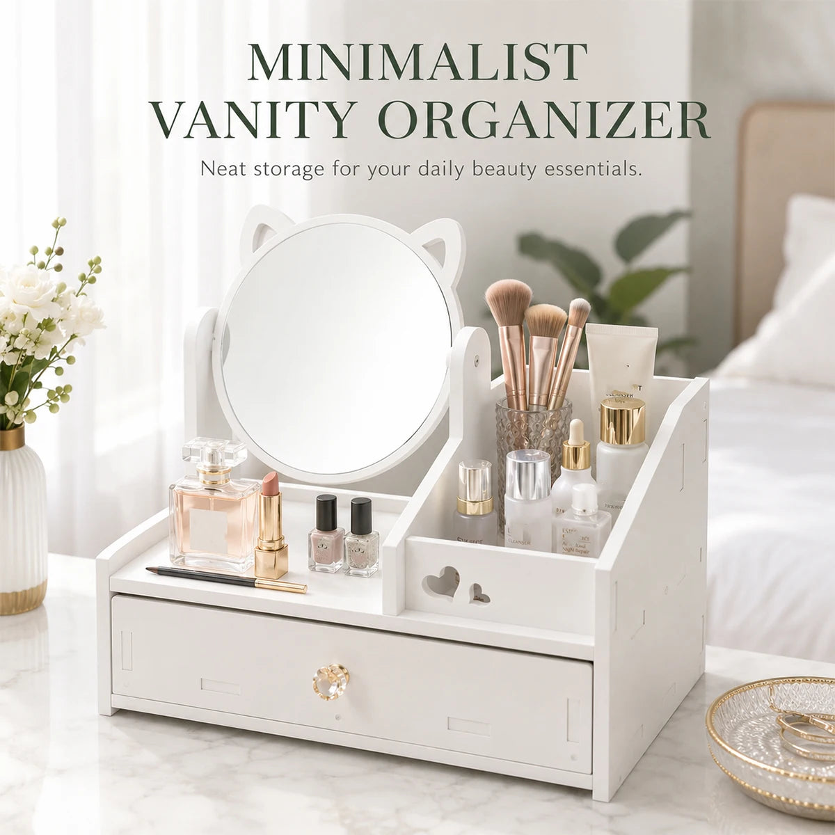 White Cat Makeup Organizer with Swivel Mirror & Drawer Makeup Storage Organizer Richie's Default Title